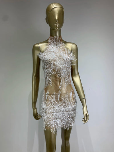 High Quality Women Sexy Off the Shoulder Mesh SeeThrough Bodycon Mini Dress Sequins Nightclub Party Celebrate Dress - Celestial Couture