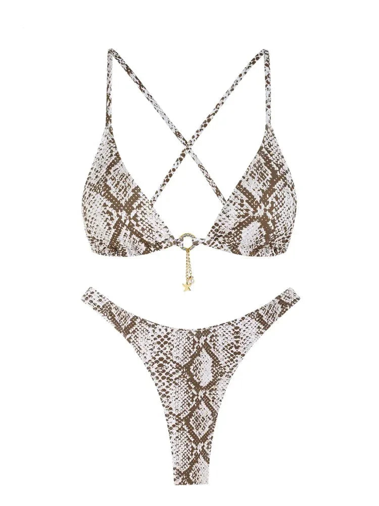 Criss Cross Snake Print Thong Bikini