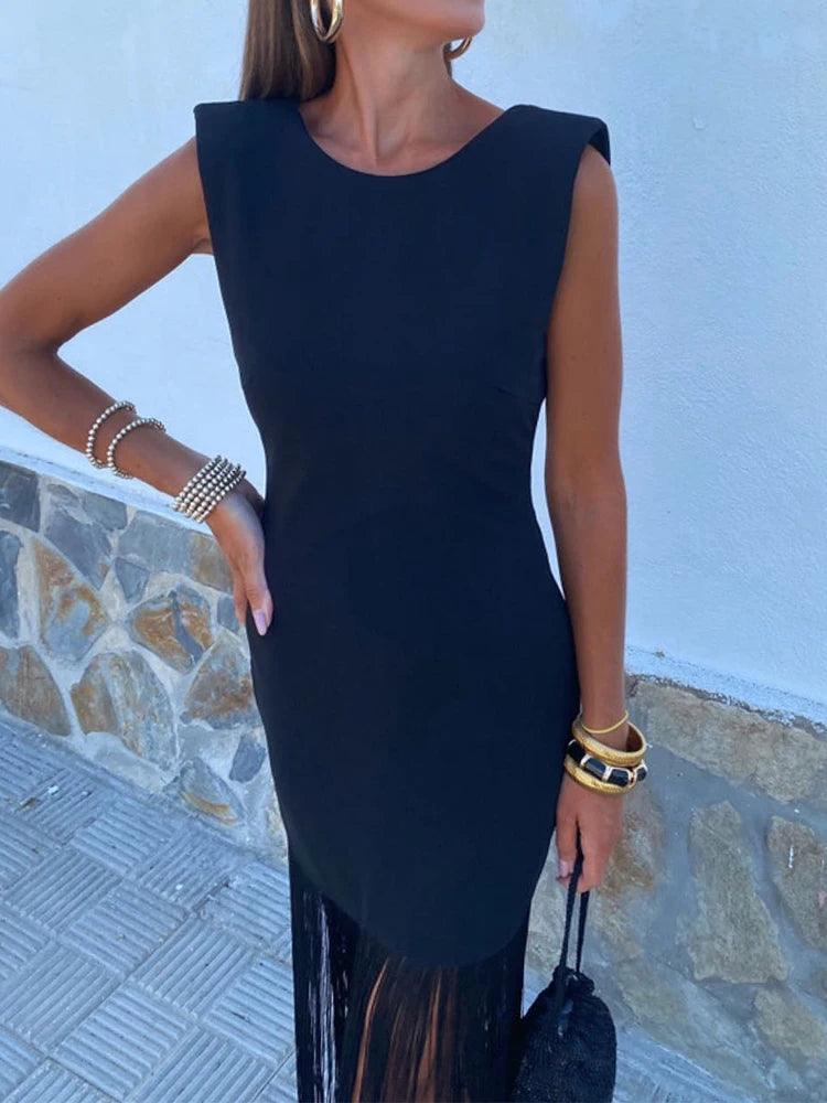 Patchwork Tassel Hem Long Dress Women Round Neck Shoulder Pads Sleeveless Slim Fit Robes 2024 Summer Lady Party Vestidos - Celestial Couture