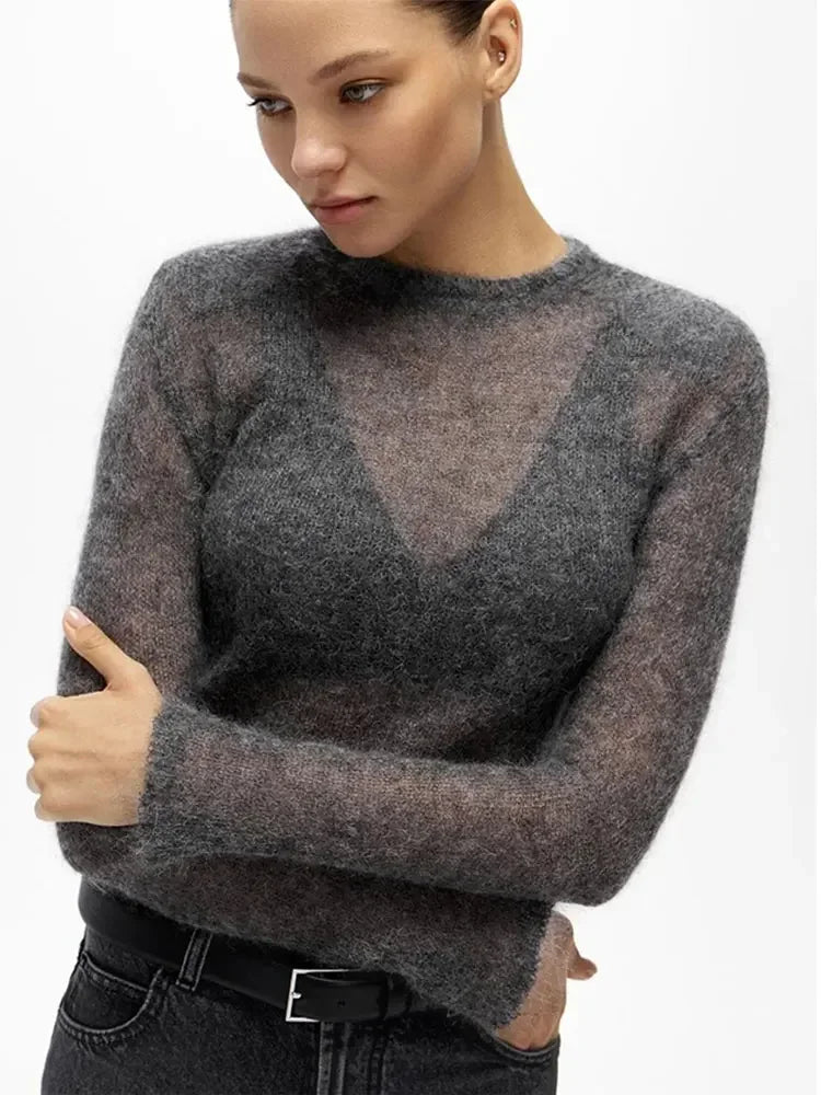 Grey Fashion Solid Long Sleeve Knitted Pullover Women Casual Round Neck Thin Slim Sweater 2024 Autumn Lady High Street Knitwear Top