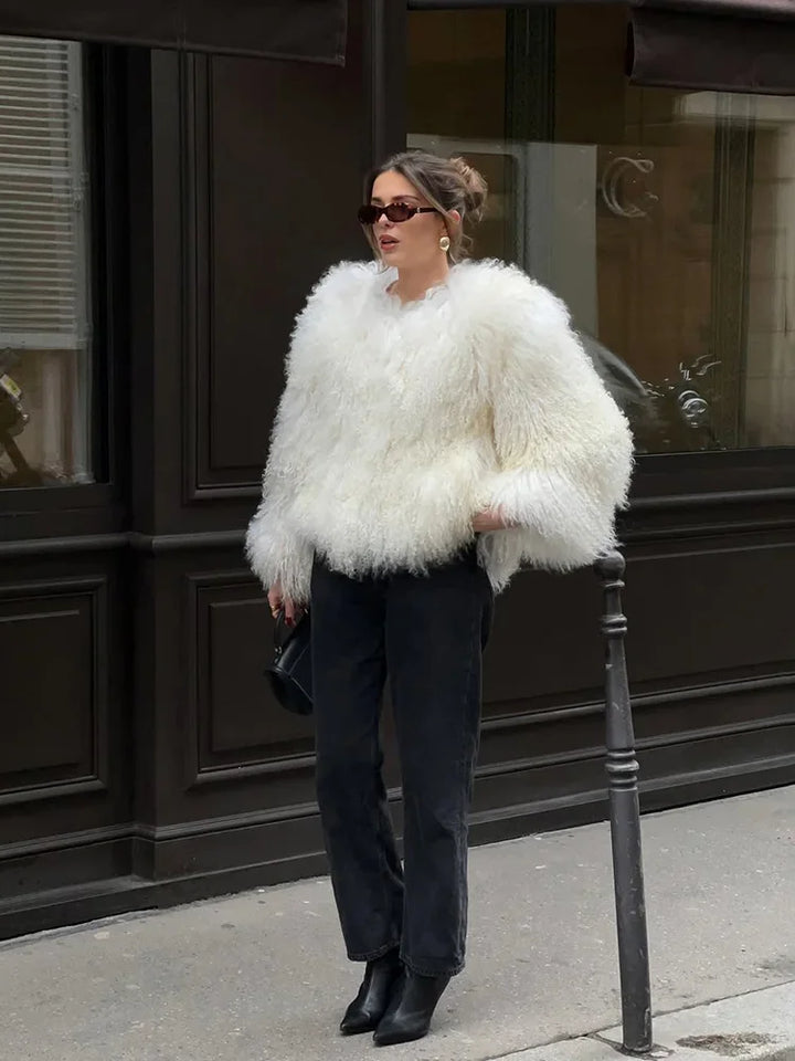 Valentina Fringe Fluffy Faux Fur Jacket