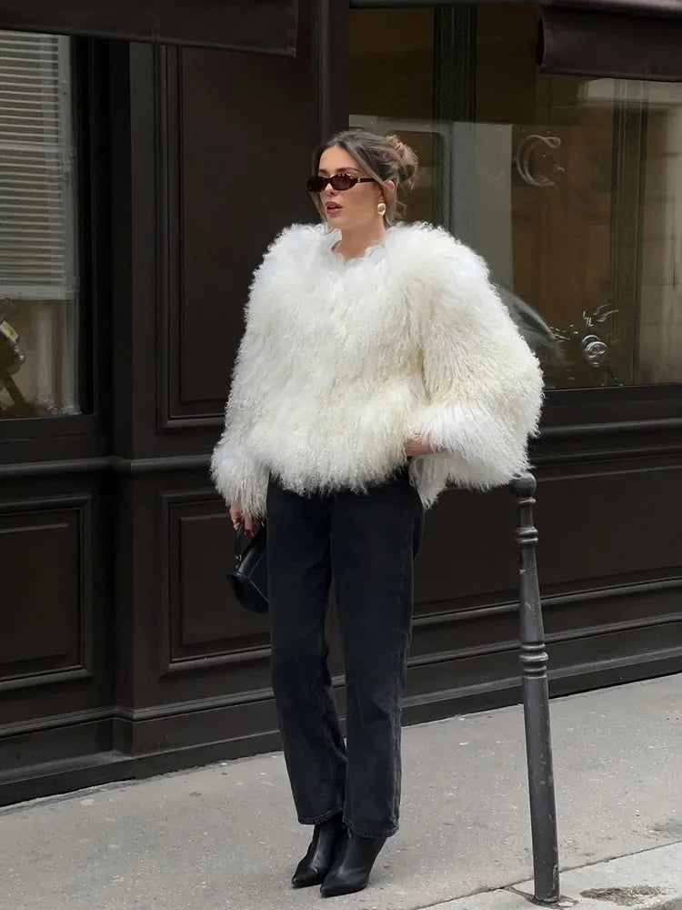 Valentina Fringe Fluffy Faux Fur Jacket