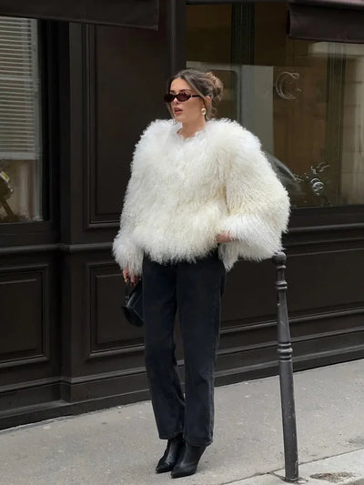 Valentina Fringe Fluffy Faux Fur Jacket