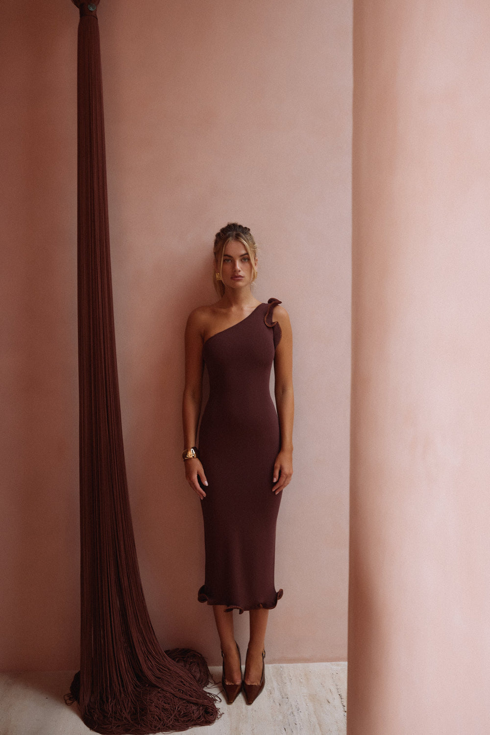 Ruffle Hem One Shoulder Dress (Chocolate Brown/Brown Lurex) - Celestia Couture