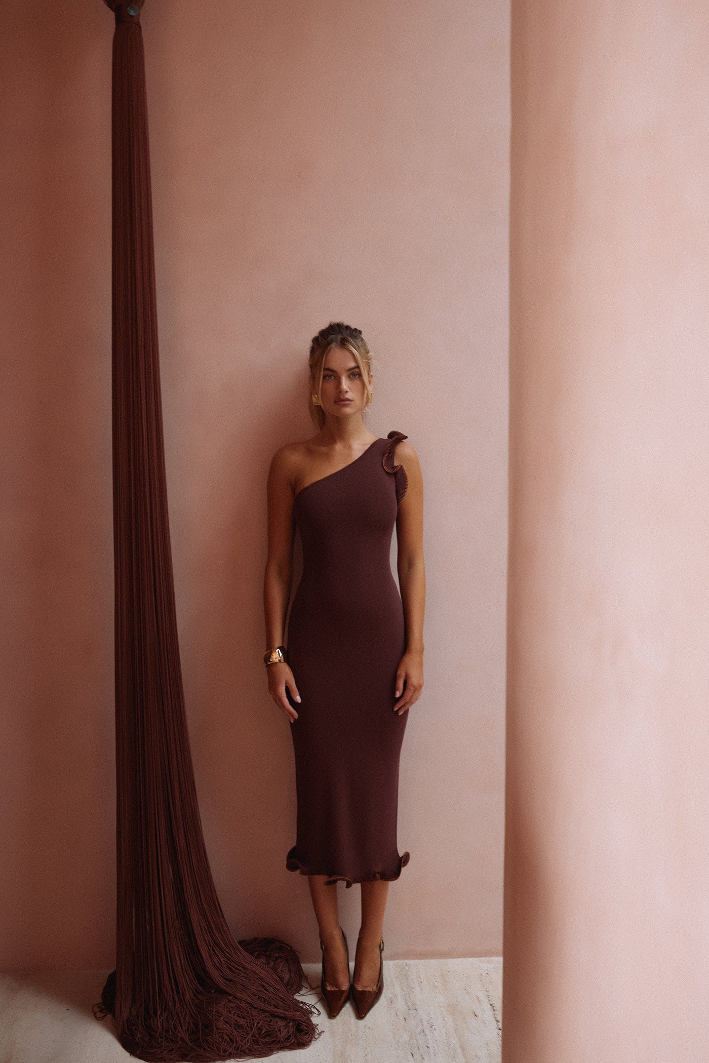 Ruffle Hem One Shoulder Dress (Chocolate Brown/Brown Lurex) - Celestial Couture