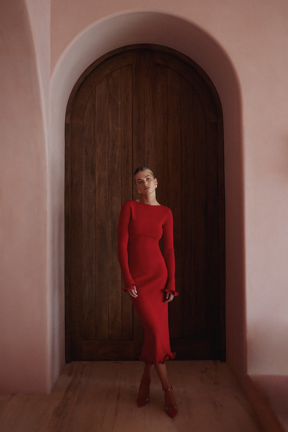 Ruffle Hem Midi Dress (Red) - Celestia Couture