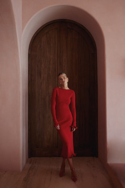 Ruffle Hem Midi Dress (Red) - Celestial Couture