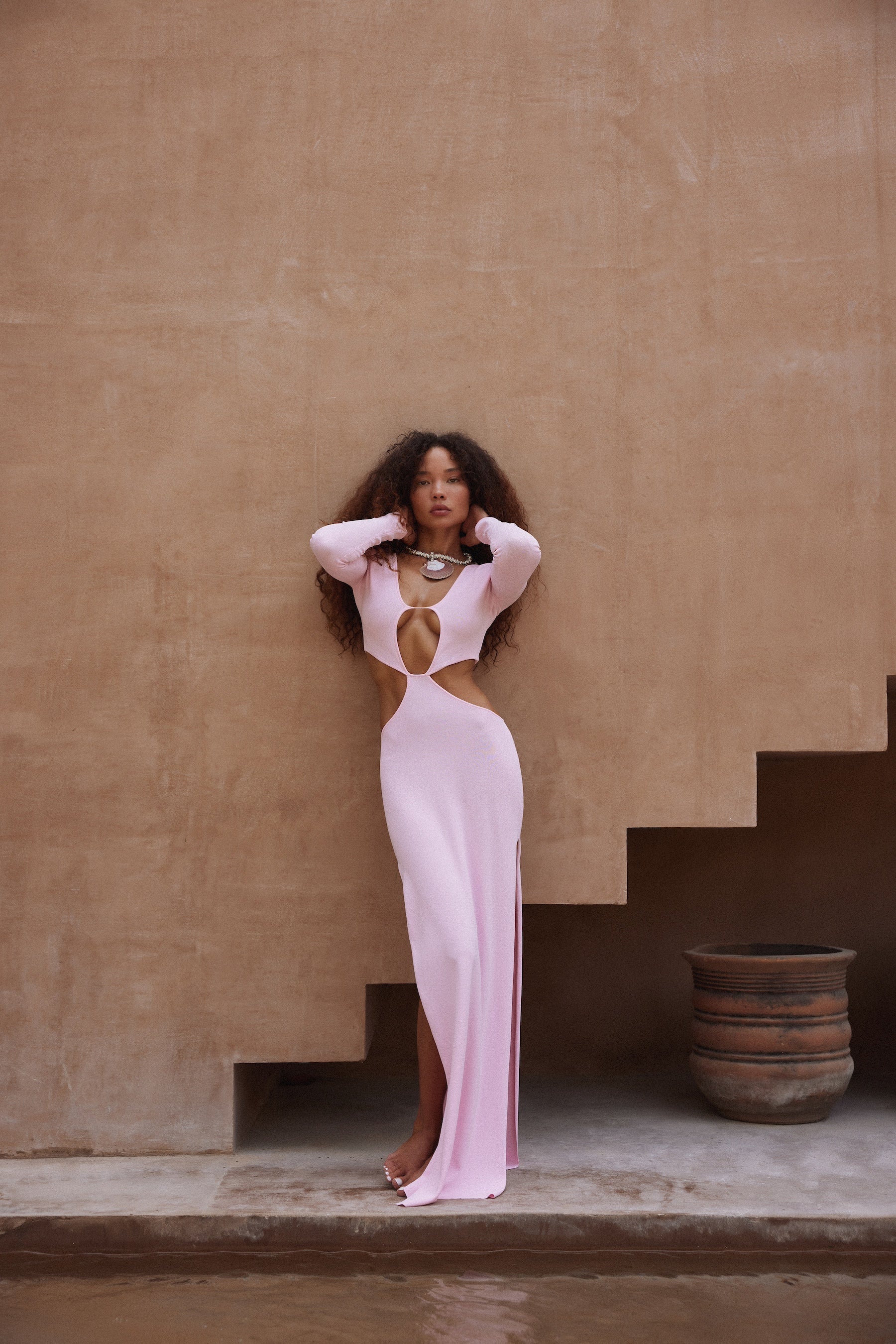 Long Sleeve Cut Out Maxi Dress (Baby Pink) - Celestial Couture