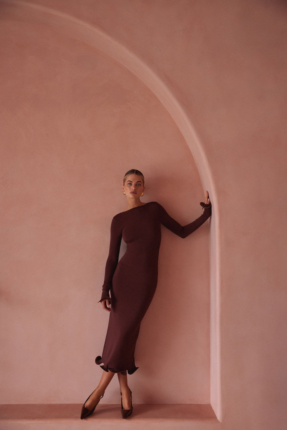 Ruffle Hem Midi Dress (Chocolate Brown/Brown Lurex) - Celestia Couture