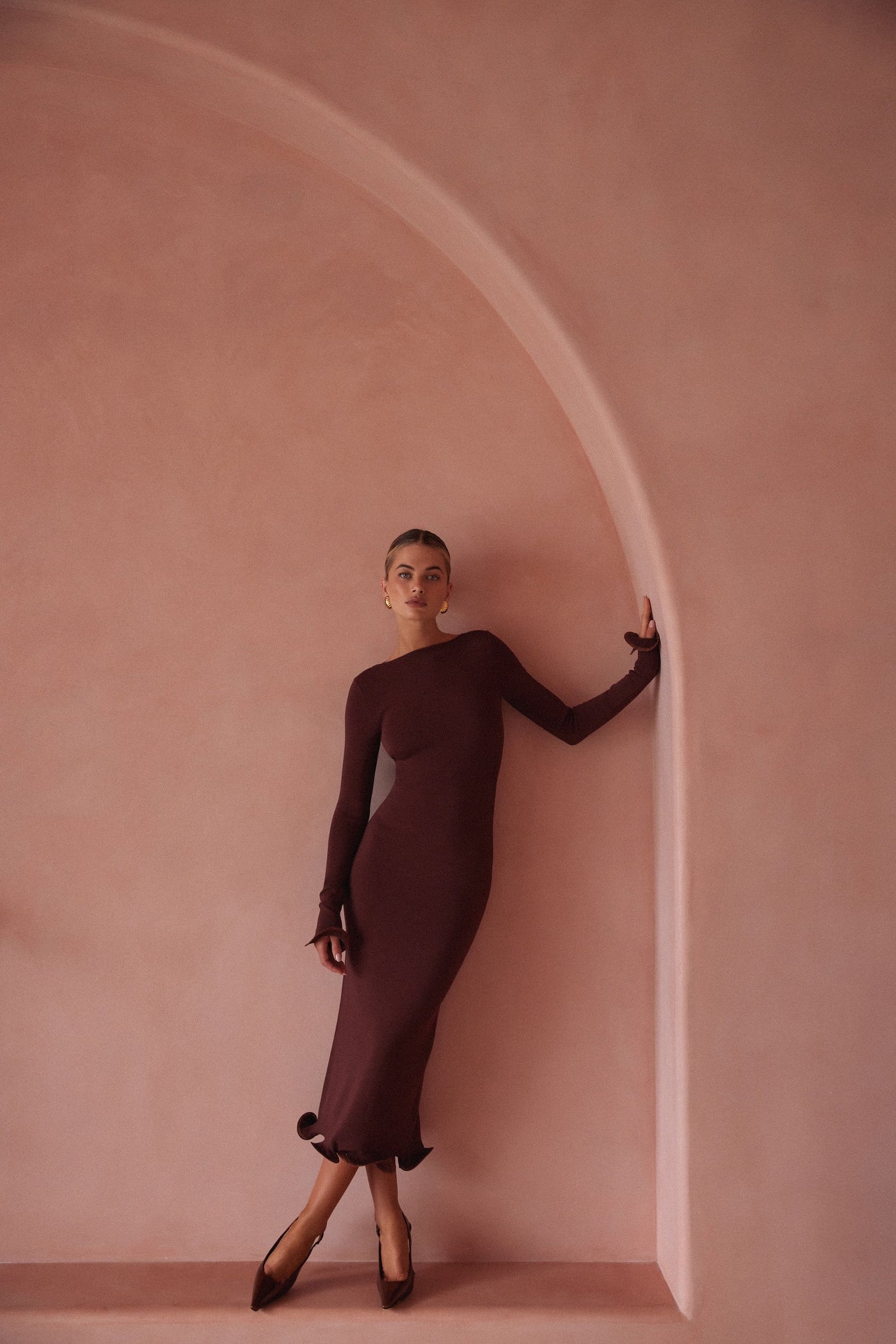 Ruffle Hem Midi Dress (Chocolate Brown/Brown Lurex) - Celestial Couture