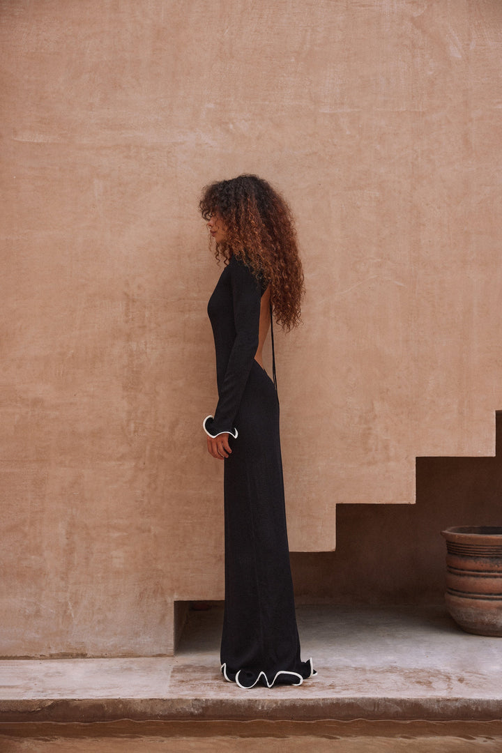 Ruffle Hem Maxi Dress (Black/Cream) - Celestia Couture