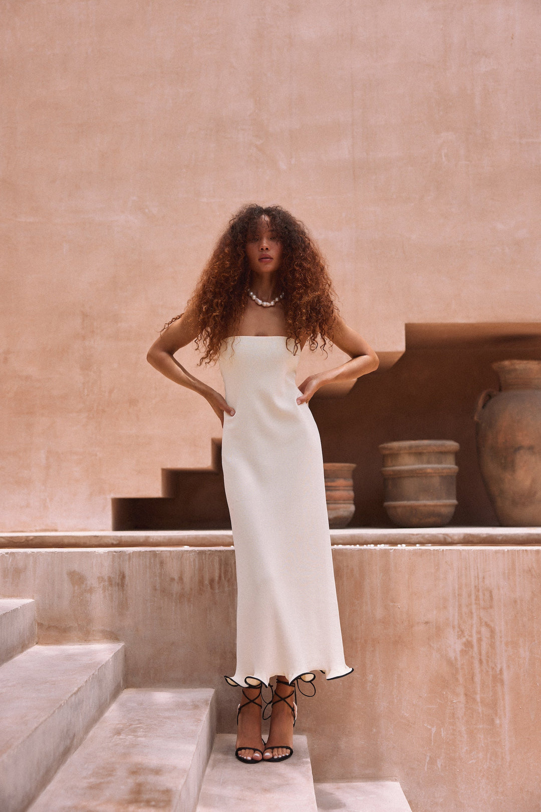 Ruffle Hem Strapless Dress (Cream/Black) - Celestia Couture