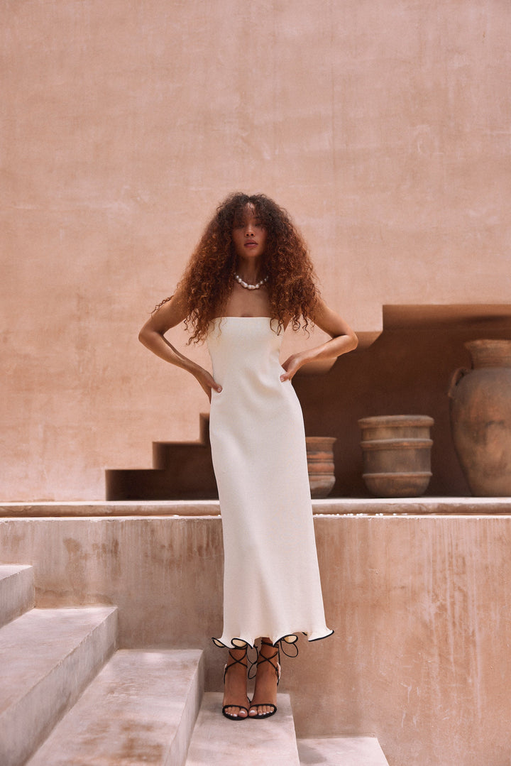 Ruffle Hem Strapless Dress (Cream/Black) - Celestia Couture