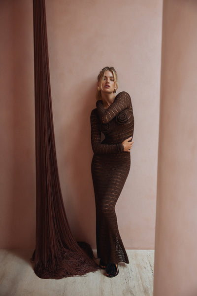 Rosette Crochet Dress (Chocolate Brown) - Celestial Couture