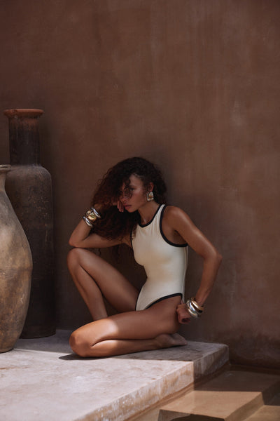 Tank One Piece (Faux Suede Cream/Black) - Celestial Couture