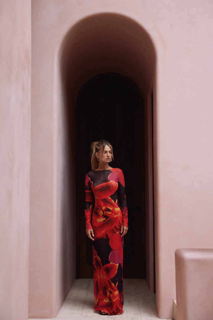 Mesh Maxi Dress (Red Tropical) - Celestia Couture