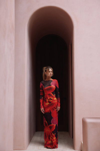 Mesh Maxi Dress (Red Tropical) - Celestial Couture