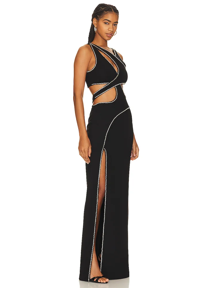 Stella Noir Sexy Sleeveless Cutout Lace Beading Long Dress Women Black Pearl Side Slit Bodycon Dresses Evening - Celestial Couture