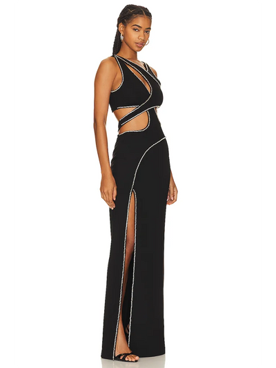 Stella Noir Sexy Sleeveless Cutout Lace Beading Long Dress Women Black Pearl Side Slit Bodycon Dresses Evening - Celestial Couture