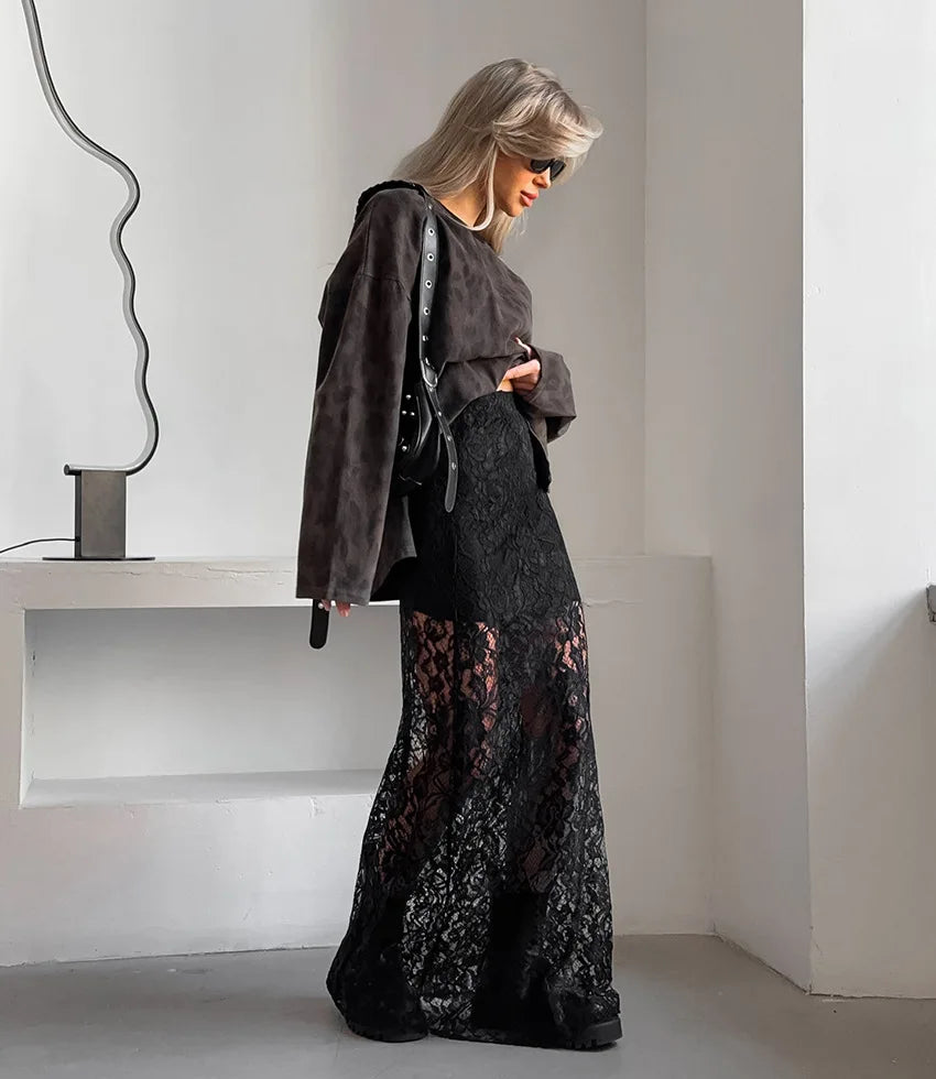 Summer Hollowed Out Lace A-line Skirt for Women - Elegant Long Black Perspective Black Lace Dress, "Sophia" - Celestia Couture