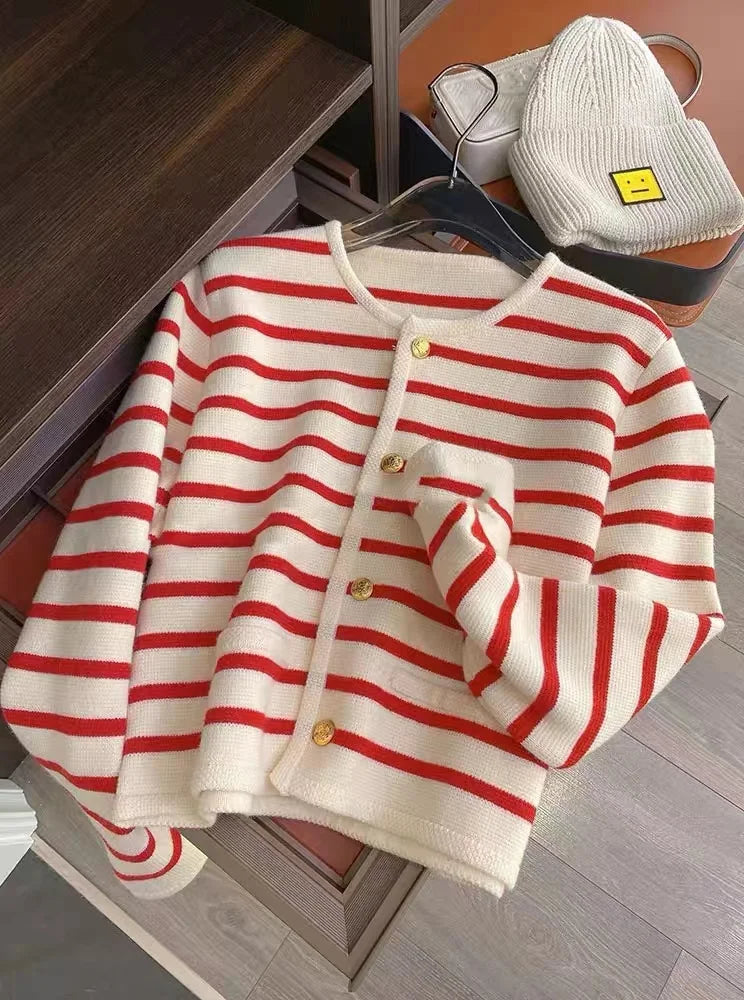 Milanova Women Spring Autumn Sweaters O-neck Stripe Knitted Cardigan Fashion Long Sleeve Casual Short Tops Korean Style New