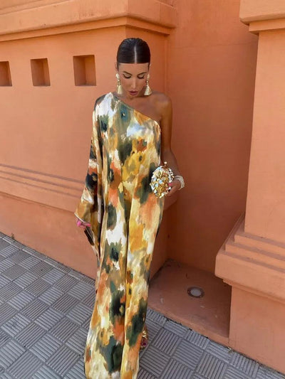 Striped Contrasting Oblique Shoulder Women's Sundress 2024 New Asymmetric Sleeves Long Dress Ladies Summer Party Evening Clothes - Celestial Couture