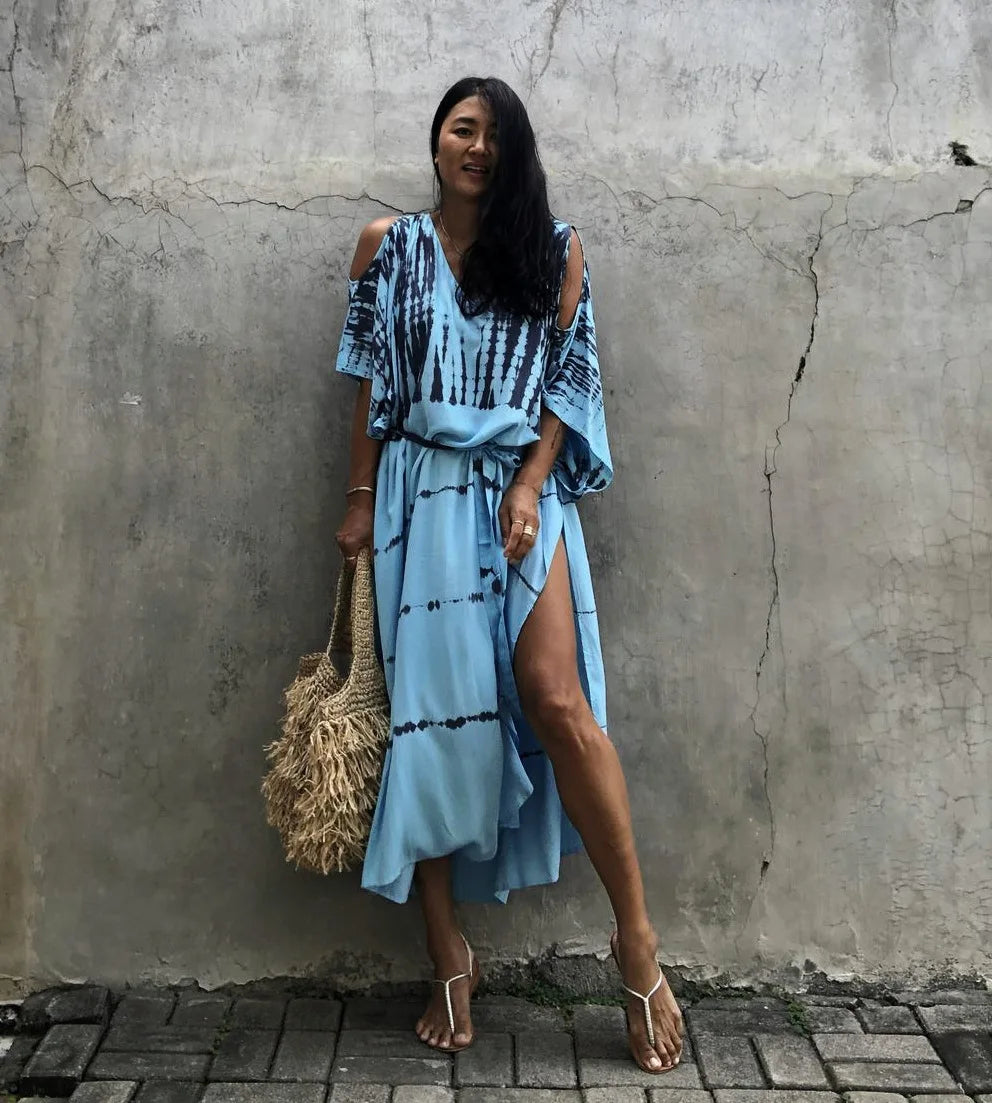 Terea-Women's Open Shoulder Long Beach Dress, Bohemian Vintage, Halo Dyeing Robe, Oversized Kaftan,  FashionWomen's clothing