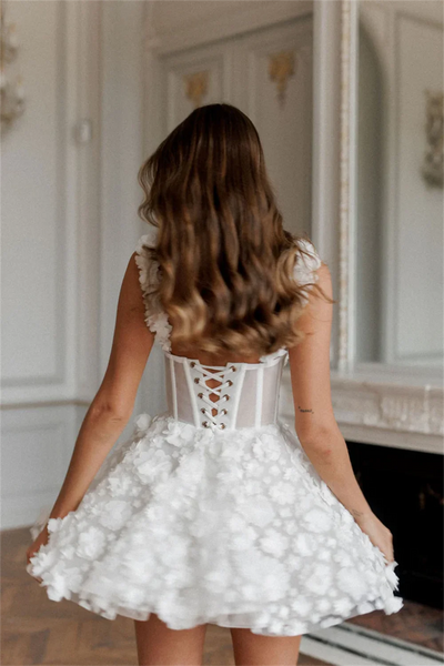 Amanda White Mini Prom Dress Flower Lace Embroidery Evening Dress Lace-up