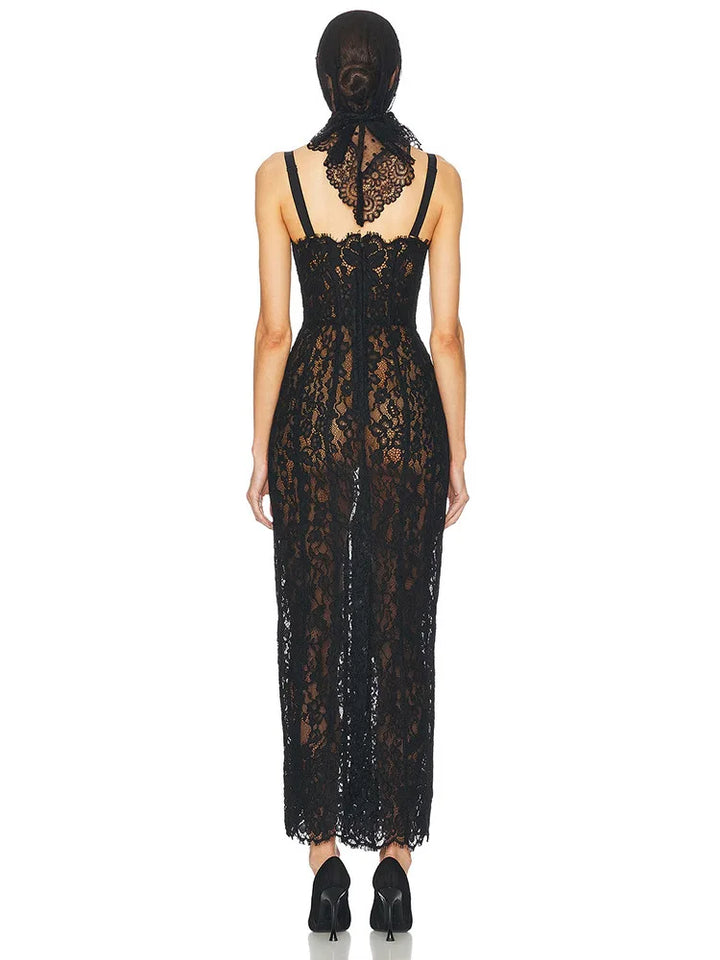 Volante Long Lace Dress Black