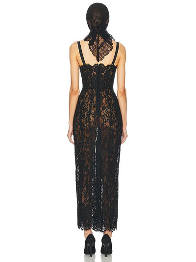 Volante Long Lace Dress Black