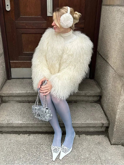 Valentina Fringe Fluffy Faux Fur Jacket