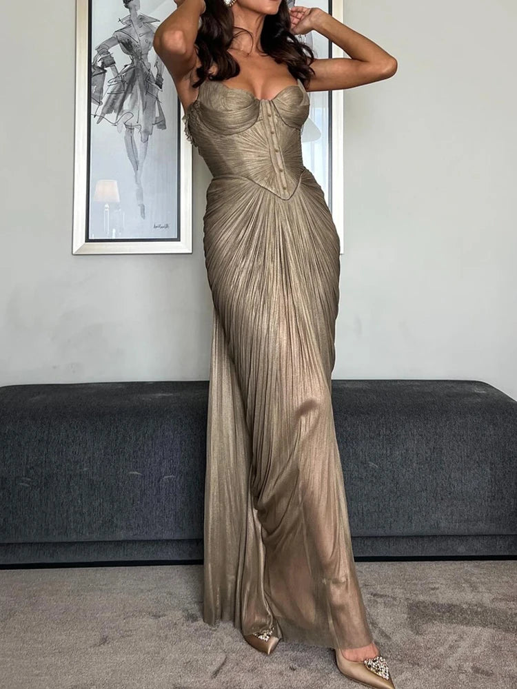 Backless Lace-Up V-neck Draped  Elegant Long Dress