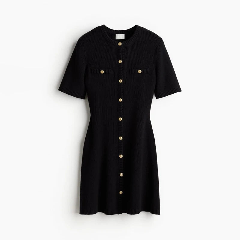 Merlin Elegant White Knitted Mini Dress Women Sexy Slim Fit Ribbed Knit Dress Metal Button Short Sleeve Holiday Party Mini Dress