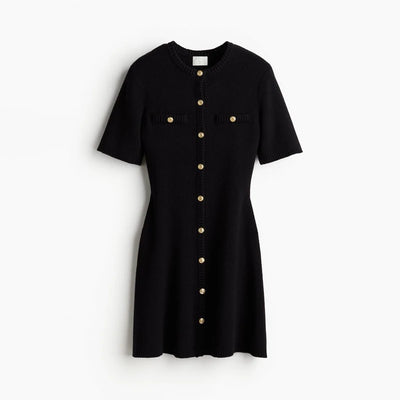 Merlin Elegant White Knitted Mini Dress Women Sexy Slim Fit Ribbed Knit Dress Metal Button Short Sleeve Holiday Party Mini Dress