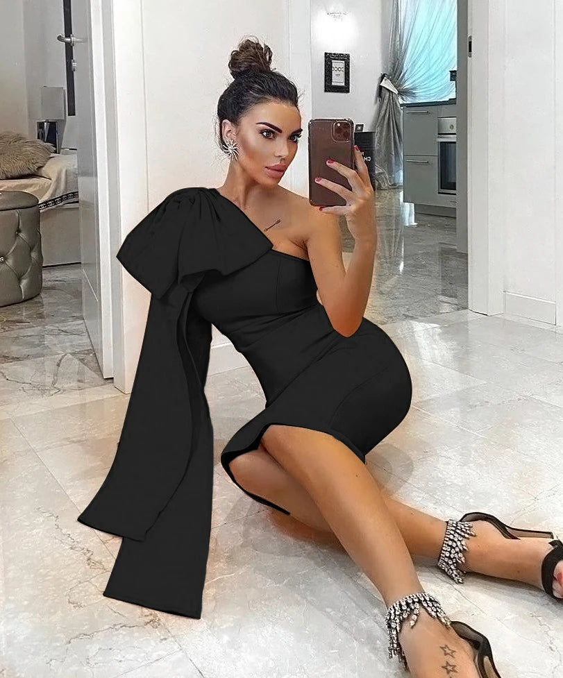 Luxe Radiance One-Sleeve Bowknot Bandage Dress - Celestial Couture
