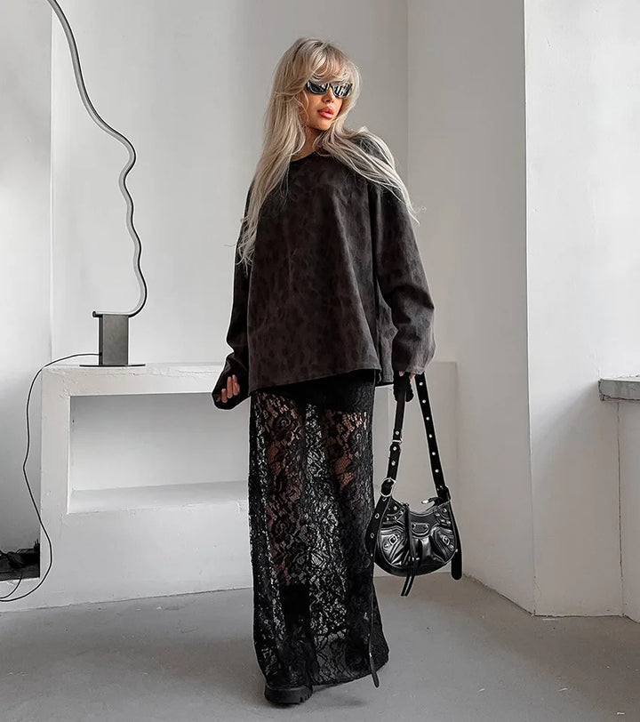 Summer Hollowed Out Lace A-line Skirt for Women - Elegant Long Black Perspective Black Lace Dress, "Sophia" - Celestia Couture