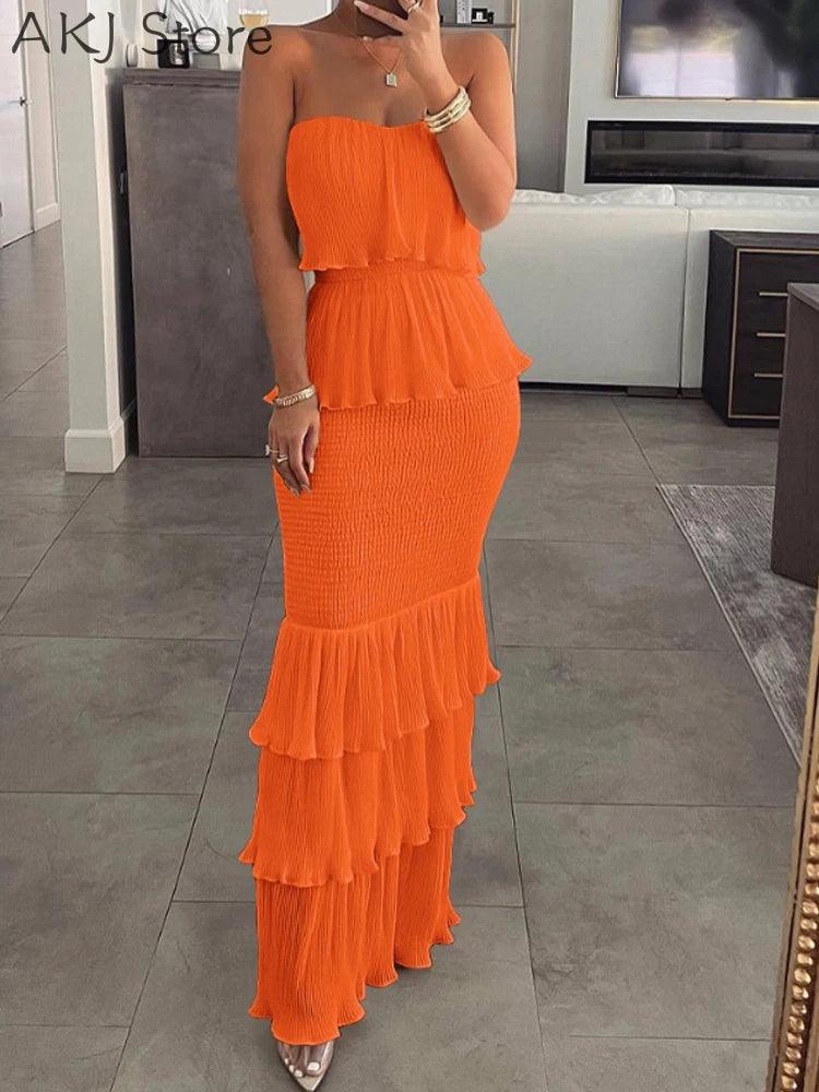Women Fashion Bandeau Shirred Ruffle Hem Layered Dress - Celestial Couture