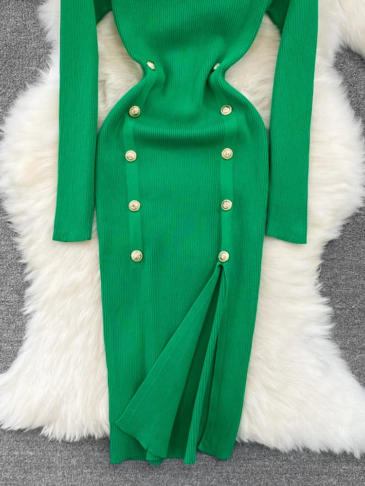 Autumn Chic Double-Breasted Knitted Dress - Celestia Couture