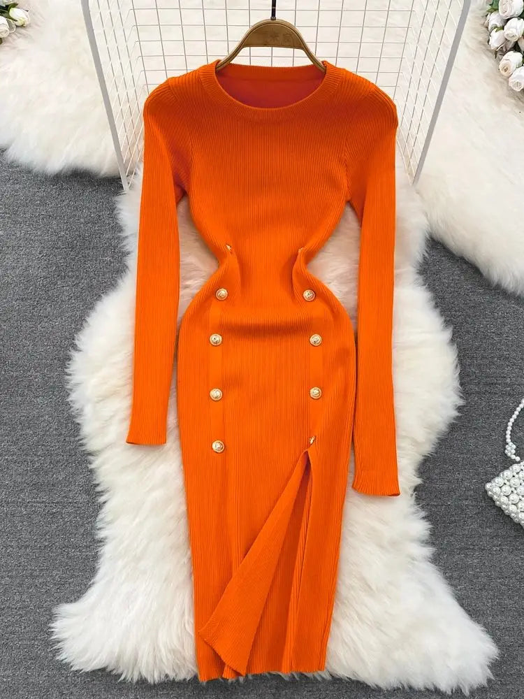 Autumn Chic Double-Breasted Knitted Dress - Celestia Couture