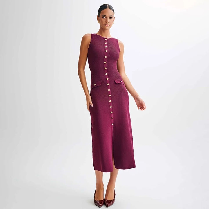Lora Elegant Sleeveless Single-Breasted Ribbed Knitwear Long Dress For Women High Waist Bodycon Knitted Fake Pocket Dress New - Celestia Couture