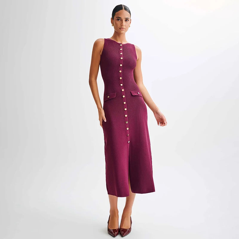 Lora Elegant Sleeveless Single-Breasted Ribbed Knitwear Long Dress For Women High Waist Bodycon Knitted Fake Pocket Dress New