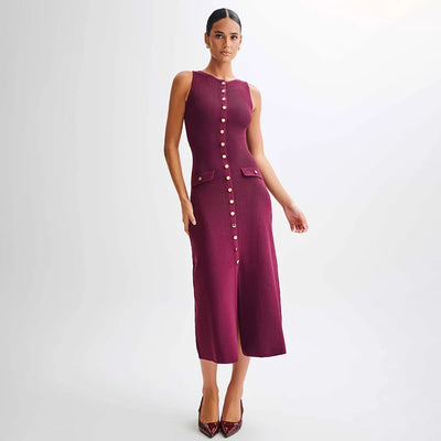 Lora Elegant Sleeveless Single-Breasted Ribbed Knitwear Long Dress For Women High Waist Bodycon Knitted Fake Pocket Dress New
