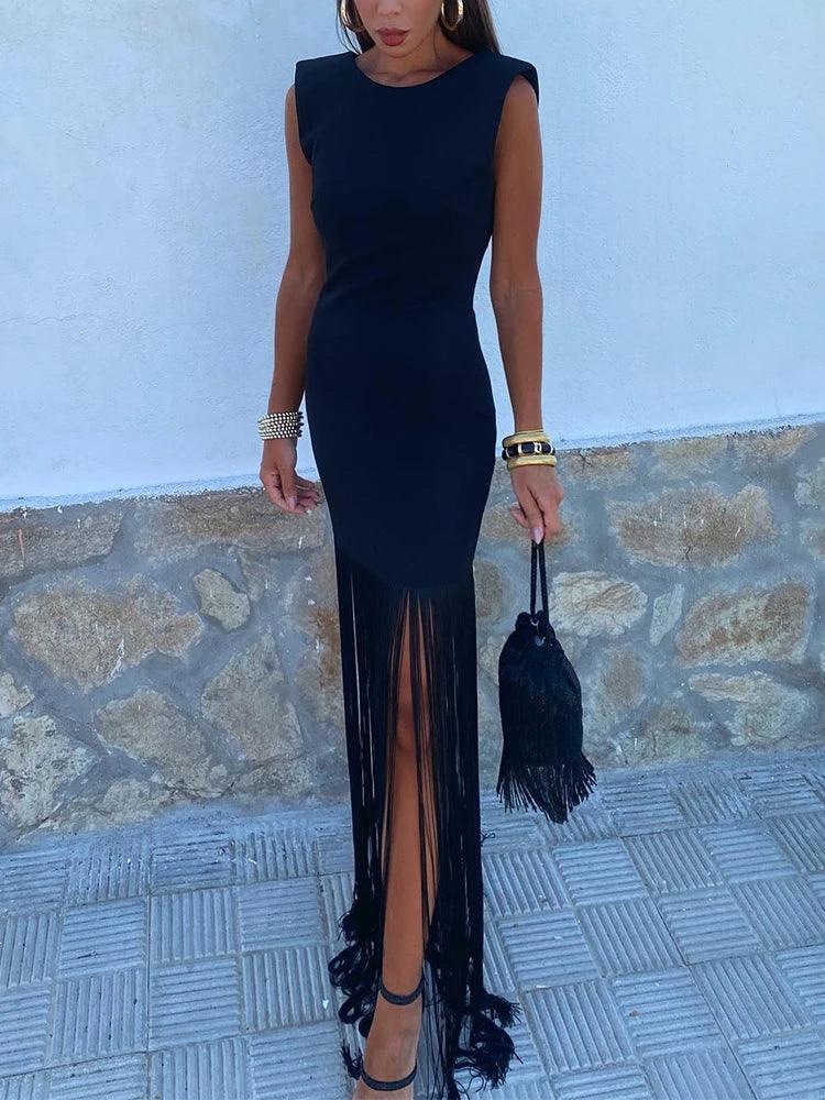 Patchwork Tassel Hem Long Dress Women Round Neck Shoulder Pads Sleeveless Slim Fit Robes 2024 Summer Lady Party Vestidos - Celestia Couture