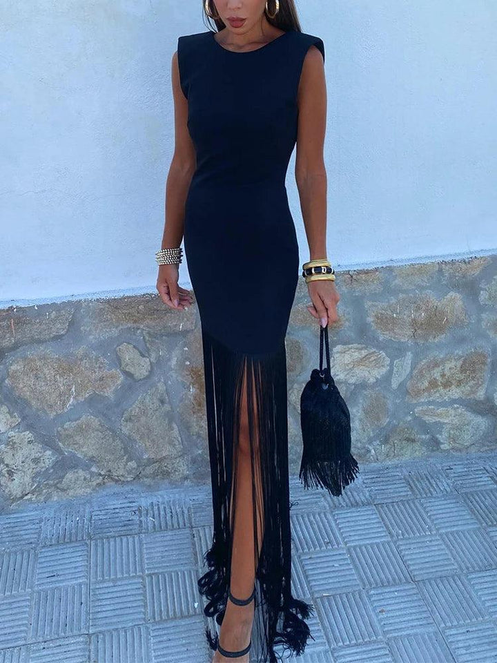 Patchwork Tassel Hem Long Dress Women Round Neck Shoulder Pads Sleeveless Slim Fit Robes 2024 Summer Lady Party Vestidos - Celestia Couture