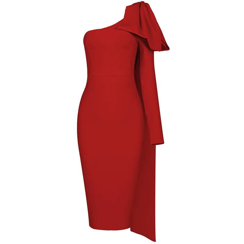 Luxe Radiance One-Sleeve Bowknot Bandage Dress - Celestial Couture