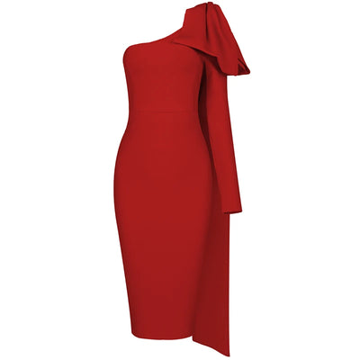 Luxe Radiance One-Sleeve Bowknot Bandage Dress - Celestial Couture