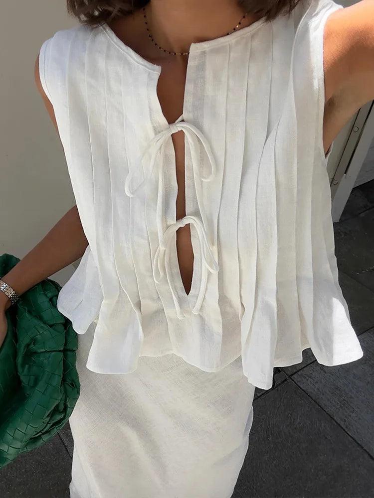 Folded Ruffles Lace Up Top Women Suits Chic Sleeveless Shirt Long Skirt 2 Pieces Set 2024 Summer Lady Office Highstreet Outfit - Celestia Couture