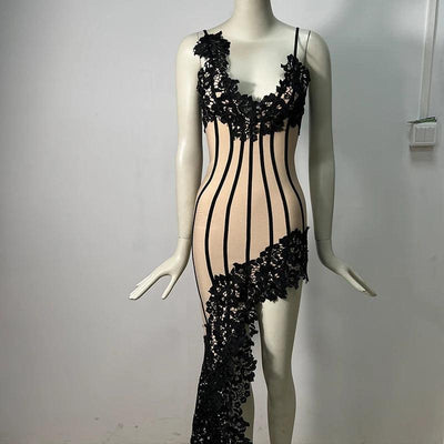 High Quality Women Sleeveless Sexy V-Neck Bodycon Lace Bandage Dress Elegant Evening Party Celebrate Birthday Dress - Celestial Couture
