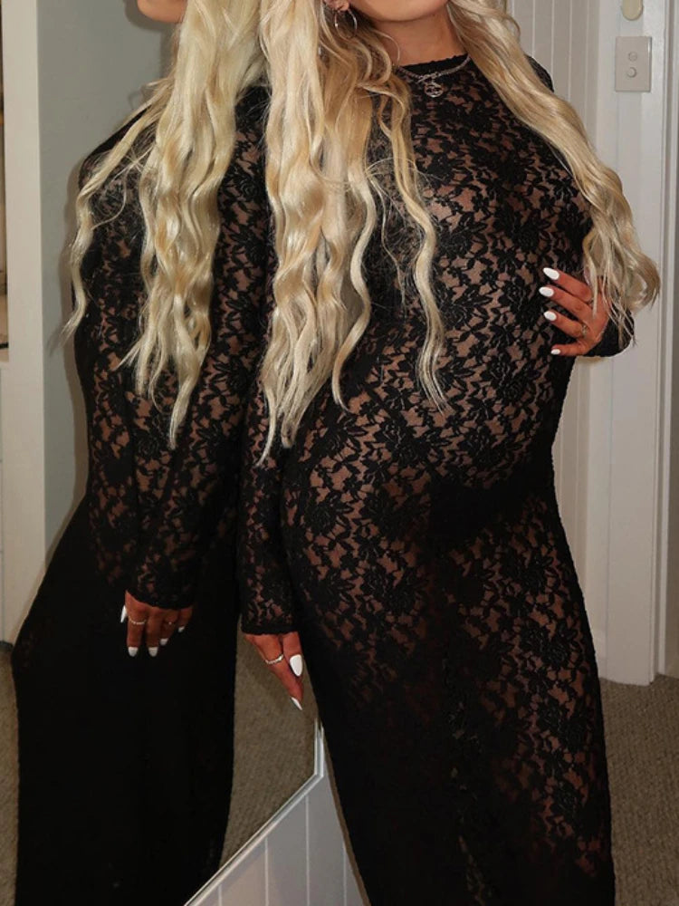 Elegant Lace Long Sleeve Maxi Dress - Celestia Couture