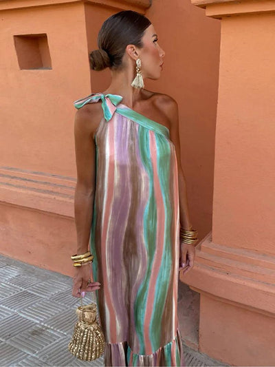 Striped Contrasting Oblique Shoulder Women's Sundress 2024 New Asymmetric Sleeves Long Dress Ladies Summer Party Evening Clothes - Celestial Couture
